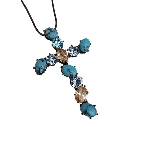 Vintage Southwestern Cross Pendant Necklace w/ Inset Turquoise and Rhinestones - Picture 4 of 5